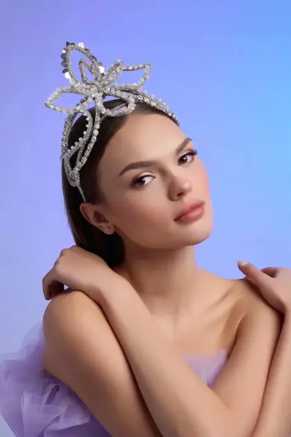 Viva Taç kristal taşlı çiçekli gelin tacı